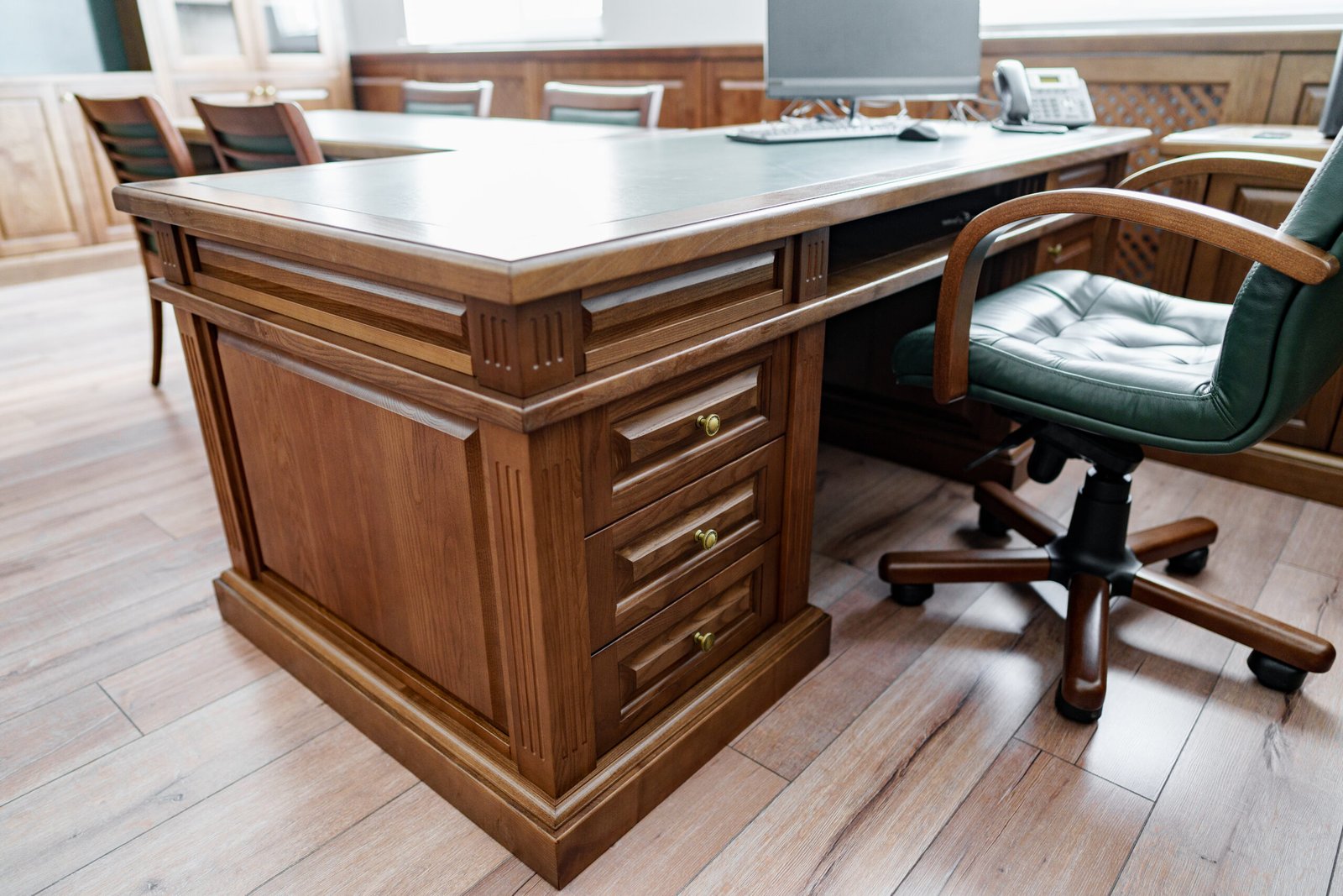 Executive cabinet with wooden office desk in classic style close up